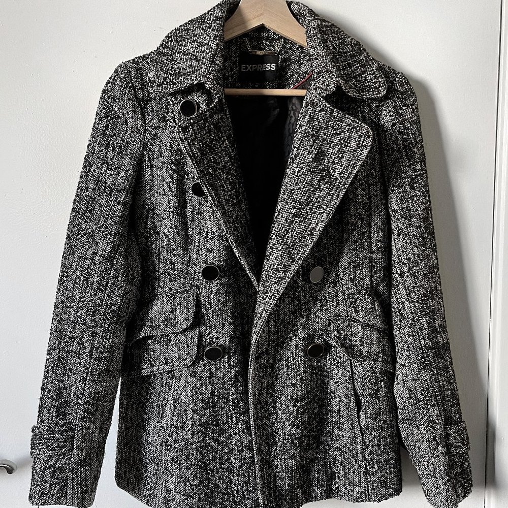 Express Black & White Tweed Double-Breasted Peacoat (XS)